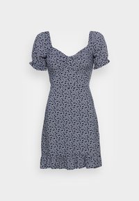 Vestido azul-marinho com mangas bufantes, apresentando um padrão floral em branco. Decote em V e bainha flare com uma cintura franzida para uma silhueta ajustada.