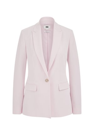 Lichtroze damesblazer met één knoop, met inkeping in het revers en twee klepzakken aan de voorkant, getailleerde pasvorm.