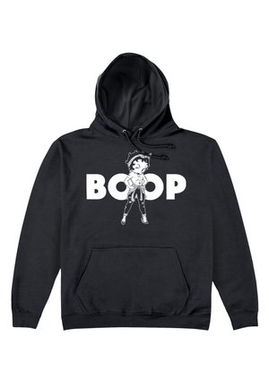 Czarna bluza z kapturem i sznurkiem, z ilustracją postaci oraz wyrazem "BOOP" w grubych białych literach na przedzie.