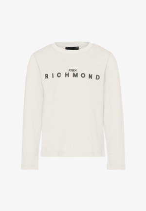 Witte longsleeve t-shirt met de tekst "JOHN RICHMOND" bedrukt over de borst in zwarte patroonletters.