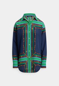 Skjorte med lange ermer og knapper, med grønne, blå og marineblå striper, hvite polkaprikker, og mønster av brune belter og kjeder.