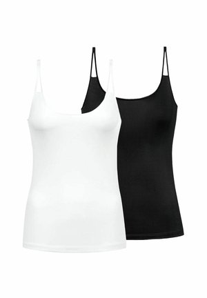 Woman wearing black fitted camisole with thin double shoulder straps and matching black underwear, posing with hands on hips.