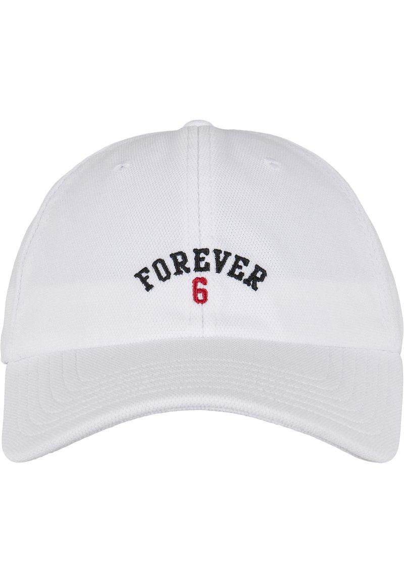 White baseball cap with curved brim. "FOREVER" in black stitching with a red "6" beneath, featuring textured fabric and adjustable strap at back.
