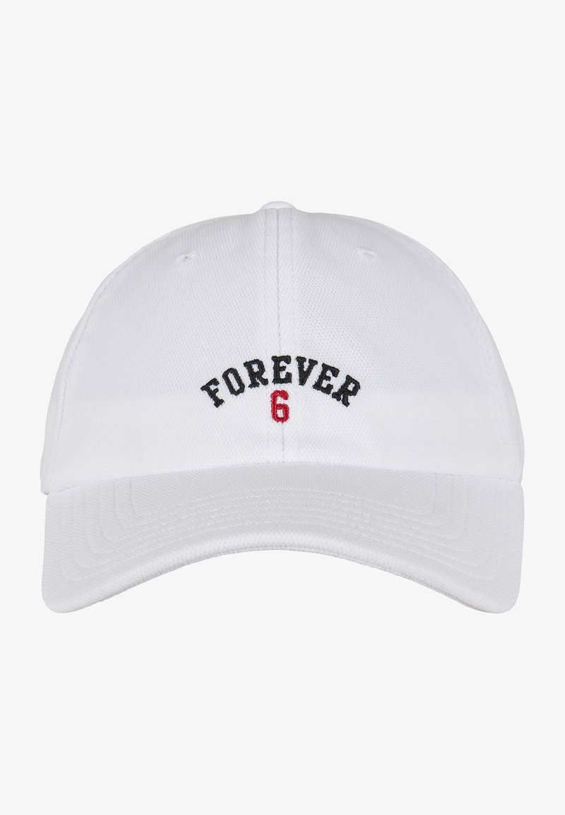 White baseball cap with curved brim. "FOREVER" in black stitching with a red "6" beneath, featuring textured fabric and adjustable strap at back.