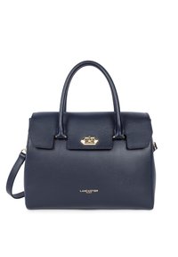 Borsa a tracolla in pelle blu navy con forma strutturata, doppi manici e tracolla rimovibile. Presenta una chiusura in metallo dorato e un logo impresso.