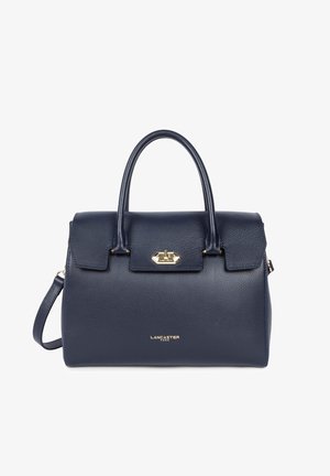 Borsa a tracolla in pelle blu navy con forma strutturata, doppi manici e tracolla rimovibile. Presenta una chiusura in metallo dorato e un logo impresso.