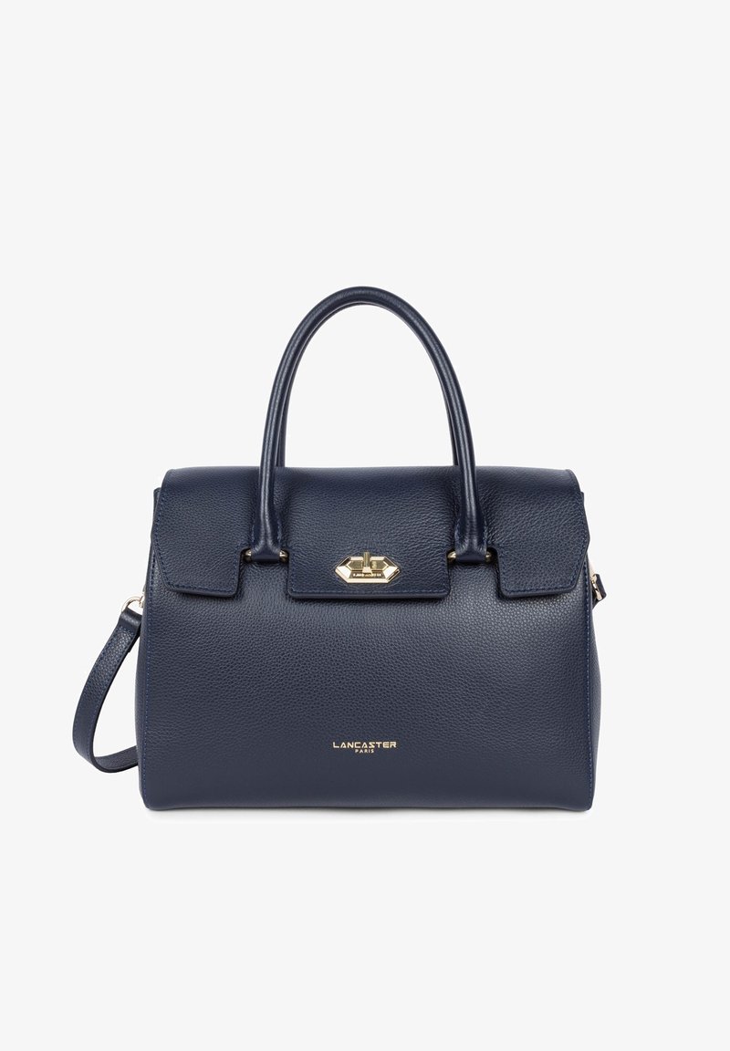 Borsa a tracolla in pelle blu navy con forma strutturata, doppi manici e tracolla rimovibile. Presenta una chiusura in metallo dorato e un logo impresso.