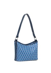Borsa a spalla con motivo blu caratterizzata da un design triangolare, materiale sintetico e una tracolla liscia simile alla pelle.