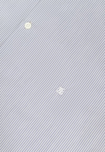 Niebieska i biała koszula w paski z zapięciem na guziki, z subtelnym haftowanym logo oraz gładką, lekką teksturą materiału.