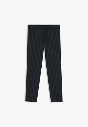Marineblaues Trousers mit vertikalen weißen Streifen. Hergestellt aus einem strukturierten Stoff, mit einem Kordelzugbund und seitlichen Taschen für Funktionalität.
