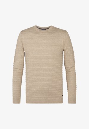 Beige Strickpullover mit horizontaler Rippstruktur, Rundhalsausschnitt und langen Ärmeln. Mit einem kleinen Logo am Saum akzentuiert. Weiches Material.