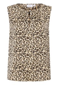 Blusa senza maniche con stampa leopardata, dotata di scollatura arricciata e dettaglio a chiave. Realizzata in tessuto leggero e testurizzato.