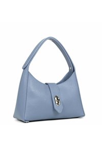 Borsa a tracolla in pelle azzurro chiaro con manico curvo, una texture liscia e una chiusura geometrica in argento. Caratterizzata da una forma strutturata e cuciture ben definite.