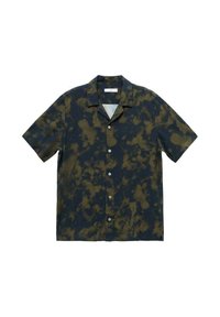 Korte mouwen button-up shirt in marineblauw en olijfgroene tie-dye print. Gemaakt van lichtgewicht stof, met een camp collar en vijf knopen.