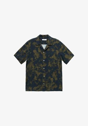 Camicia a maniche corte con bottoni in un motivo tie-dye navy e oliva. Realizzata in tessuto leggero, con colletto tipo camp e cinque bottoni.