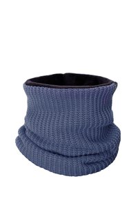Knitted loop scarf in a soft blue hue, featuring textured ribbing and a plush, dark interior lining for warmth and comfort.
