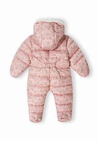 Roze gewatteerde sneeuwpak met bloemenprint, voorzien van een capuchon, elastische tailleband en gestructureerde stof. Geschikt voor koude weersomstandigheden.