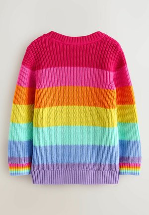 Suéter de punto con cuello redondo, con rayas horizontales en rosa, naranja, amarillo, verde, azul y morado. Puños y dobladillo acanalados.