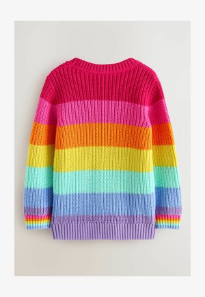 Strikket trøje med rund hals, der har horisontale striber i pink, orange, gul, grøn, blå og lilla. Ribbekanter ved ærmer og kant.