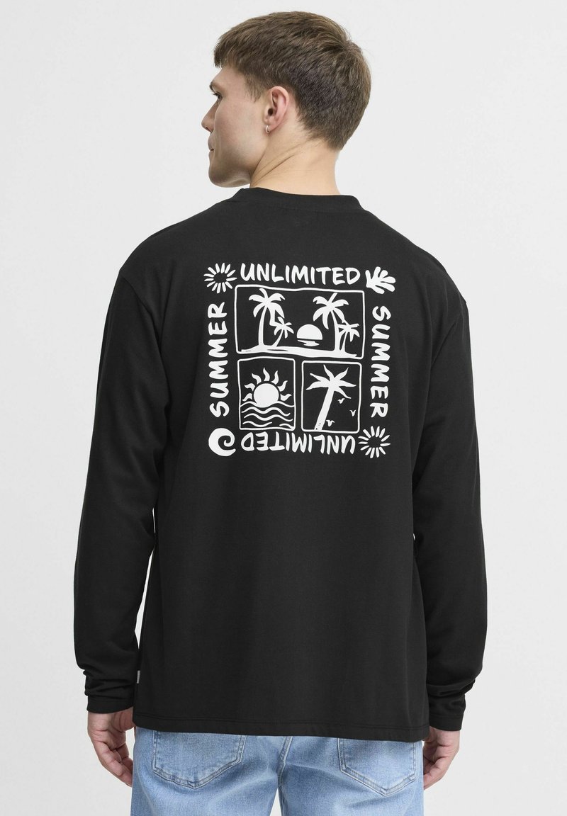 Black long-sleeve t-shirt featuring white graphic print of tropical scenes and "Unlimited Summer" text on the back.