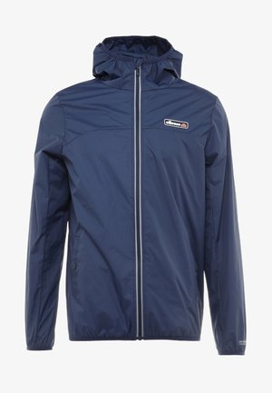 Marineblau leichte Jacke mit Kapuze, Reißverschluss und elastischen Bündchen. Verfügt über einen kontrastierenden Reißverschluss und ein Logo auf der Brust.