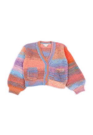 Cardigan a maglia multicolore con scollo a V, strisce arancioni, blu e viola, due tasche anteriori e quattro bottoni viola.