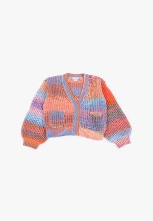 Cardigan a maglia multicolore con scollo a V, strisce arancioni, blu e viola, due tasche anteriori e quattro bottoni viola.