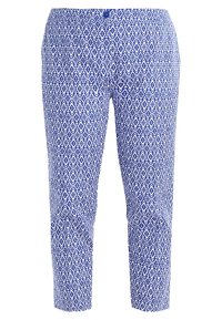 Blue patterned pants featuring a geometric design, made of lightweight fabric, with a fitted shape and knee detailing.