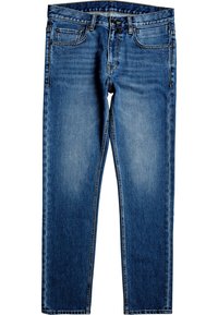 Jeans in denim blu con taglio dritto, cinque tasche e cuciture visibili. Presentano una chiusura con zip e un design pulito e minimalista.