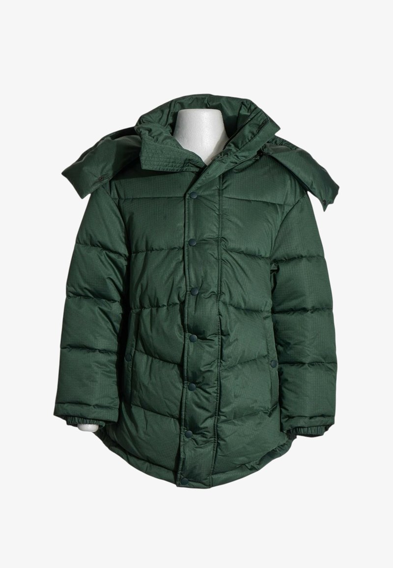 Veste d’hiver matelassée vert foncé avec boutons-pression, col montant et poignets élastiques sur un torse de mannequin blanc.