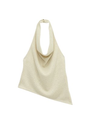 Beiger gestrickter asymmetrischer Haltertop mit drapiertem Vorderteil und Knopfverschluss am Ausschnitt.