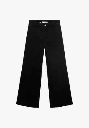 Schwarze weit geschnittene Jeans aus Denim mit hoher Taille, fünf Taschen und einem fransigen Saum. Der Stoff hat eine glatte Textur.