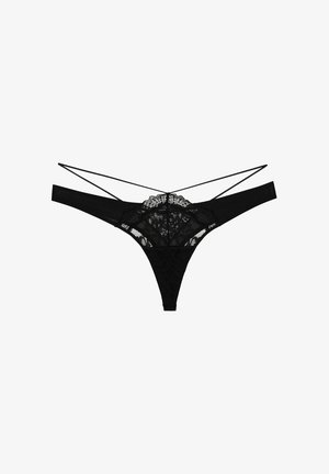 Black lace thong with sheer floral patterns and thin strappy sides. Features a textured waistband with minimal coverage design.