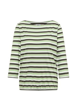 Chemise à manches longues avec des rayures horizontales en blanc, vert clair et gris foncé, présentant un col rond et un ourlet élastiqué.