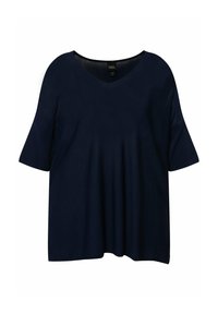 Marineblaues, kurzärmliges Oberteil mit V-Ausschnitt, lockere Passform, mit weicher Textur und leichtem Fall, geeignet für Freizeitmode.