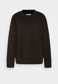 Schwarzer Sweatshirt, aus Baumwolle, Rundhalsausschnitt, lange Ärmel, gerippte Bündchen und Saum, mit großem verblasstem Text "MAGIELA 6" auf der Vorderseite.