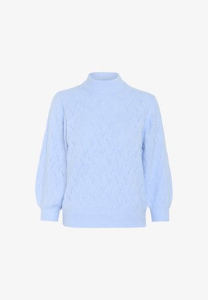 Pull en tricot bleu clair avec un col montant, un motif texturé et des manches bouffantes. Poignets et ourlet côtelés avec une finition douce.