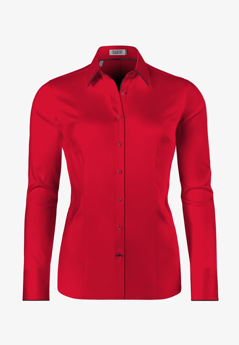 Red long-sleeve shirt in smooth fabric featuring a classic collar, central button closure, and tailored fit with no visible patterns or accents.