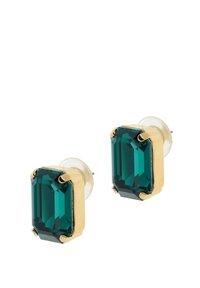 Ovale oorbellen met smaragd-slepen, voorzien van donkergroene kristallen, gezet in goudkleurig metaal, met transparante rubberen achterkanten voor een veilige pasvorm.