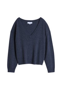 Mørkegrå strikket genser med V-hals, lange ermer og ribbede mansjetter og kant. Myk tekstur og uformell forkortet design.