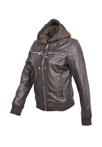 Giacca in pelle marrone con cappuccio. Presenta una zip frontale, due tasche sul petto con zip e polsini e orlo a coste. Tessuto liscio, design aderente.