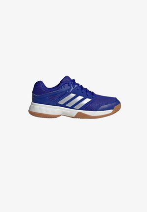 Blue athletic shoe with a breathable mesh and synthetic upper, features three white stripes and a gum rubber outsole.