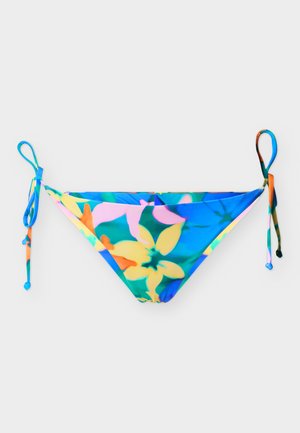 Modri bikini spodnji del s stranskimi zavezovanji, s pisanim tropskim cvetličnim vzorcem v rumeni, oranžni, roza in zeleni barvi na enobarvnem ozadju.