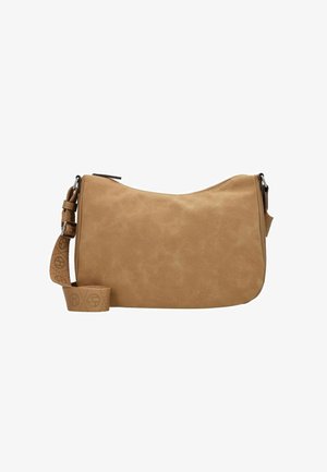 Tan faux leather bag with a curved shape. Features a patterned adjustable strap and a zippered closure. Smooth texture, minimal hardware.