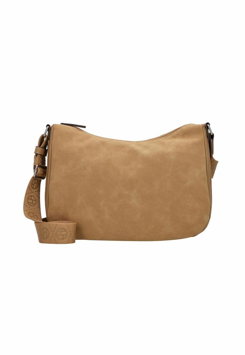 Tasche aus tanfarbenem Kunstleder in geschwungener Form. Verfügt über einen gemusterten, verstellbaren Trageriemen und einen Reißverschluss. Glatte Textur, minimale Hardware.