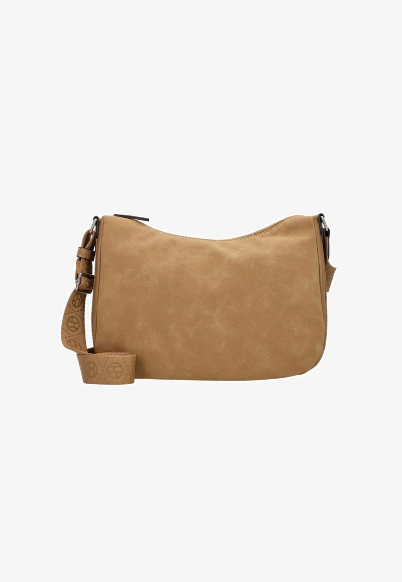 Borsa in ecopelle beige con forma curvata. Presenta una tracolla regolabile con motivo e una chiusura con zip. Texture liscia, hardware minimale.