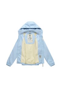 Veste à capuche bleu clair avec doublure intérieure beige, poignets élastiques, étiquettes visibles à l'intérieur et fermeture éclair avant partiellement ouverte.