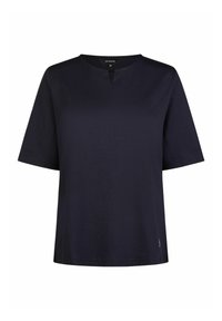 Navy blue short-sleeve t-shirt made of soft fabric featuring a round neckline with a small keyhole detail and a straight cut at the hem.
