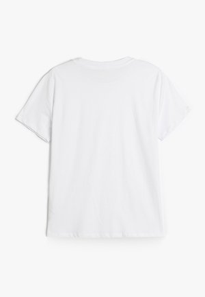 Valkoinen t-paita, lyhyet hihat, pyöreä kaula-aukko, sileä puuvillakudos, minimalistinen muotoilu, ei grafiikkaa, yksinkertainen ja vaatimaton.