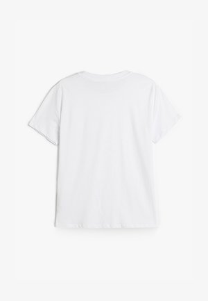 Valkoinen t-paita, lyhyet hihat, pyöreä kaula-aukko, sileä puuvillakudos, minimalistinen muotoilu, ei grafiikkaa, yksinkertainen ja vaatimaton.